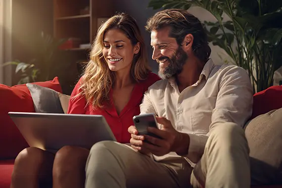 Um casal sorrindo usando dispositivos móveis.