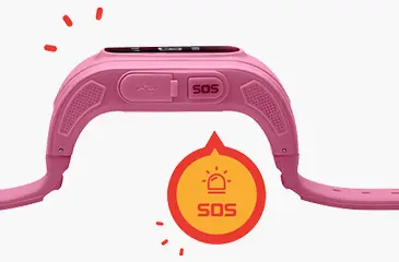 Imagem de um relógio cor de rosa e o botão SOS em destaque.