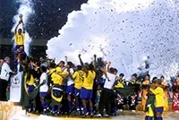 A imagem mostra a seleção brasileira comemorando o título da Copa do Mundo da FIFA 2002™