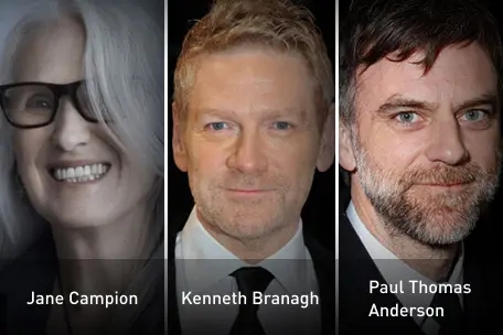 A imagem mostra os diretores Jane Campion, Kenneth Branagh e Paul Thomas Anderson. 