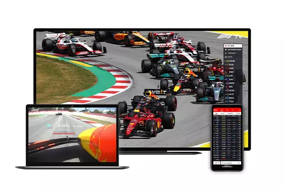 imagem de tv, notbook e celular com imagens de corridas f1