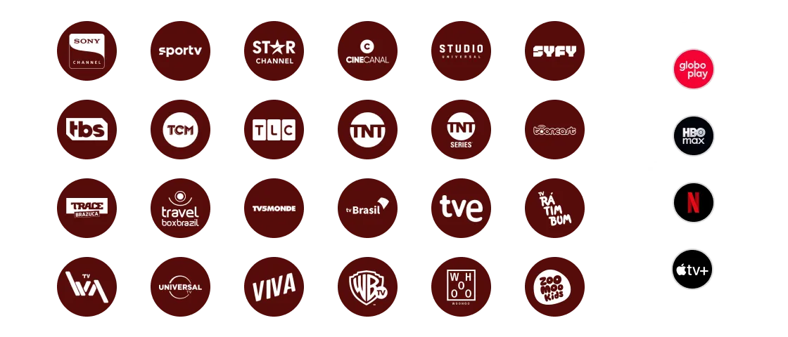 Ícones dos streamings Apple TV+, Netflix, Max e Globoplay + ícones de canais, como Canal Brasil, Canal Off, CNN, Comedy Central, Cartoon Network, Biss, BBC World News, Cinemax, AXN e outros.