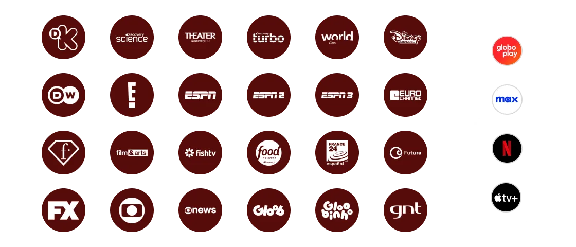 Ícones dos streamings Apple TV+, Netflix, Max e Globoplay + ícones de canais, como Canal Brasil, Canal Off, CNN, Comedy Central, Cartoon Network, Biss, BBC World News, Cinemax, AXN e outros.
