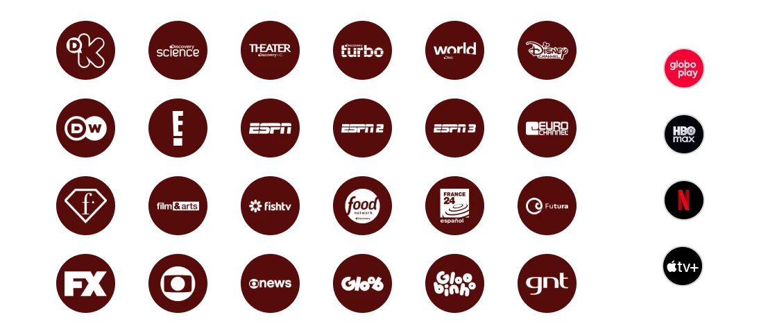 Ícones dos streamings Apple TV+, Netflix, Max e Globoplay + ícones de canais, como Canal Brasil, Canal Off, CNN, Comedy Central, Cartoon Network, Biss, BBC World News, Cinemax, AXN e outros.