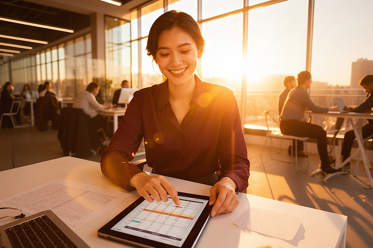 Mulher sorridente usando um tablet para gerenciar planilhas em um espaço de coworking ao pôr do sol, com colegas ao fundo desfocados. Cena cotidiana de microempreendedor no Brasil organizando o negócio.