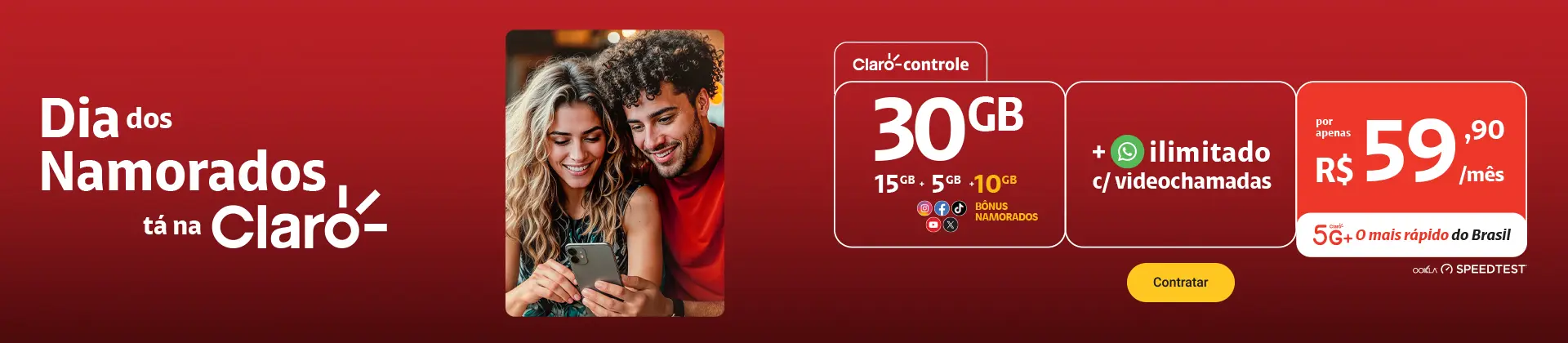 Claro controle 30GB com YouTube (15GB do plano + 5GB para redes sociais + 10GB de bônus).