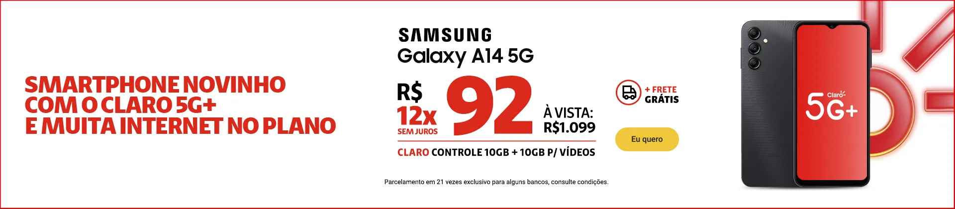 Samsung A14 5G disponível na loja online da Claro