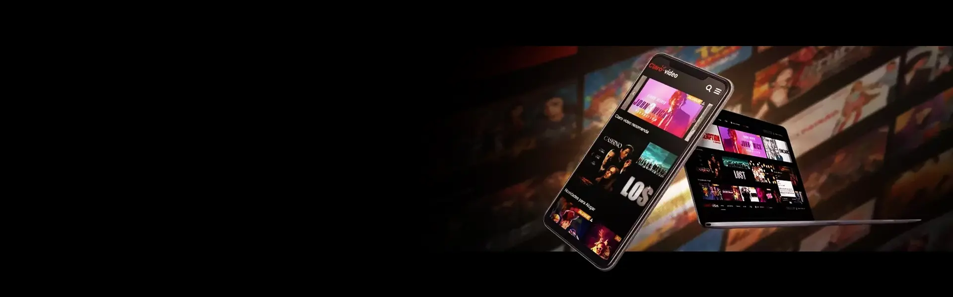 Imagem do banner da pagina de Claro video mostrando um celular e um tablet em destaque.