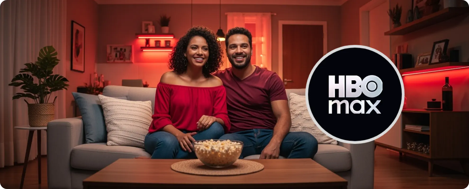 Casal sentado no sofá em frente a TV com um pote de pipoca, assistindo programação da HBO Max.