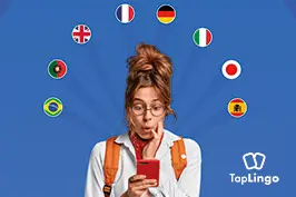 Imagem de uma moça mexendo no celular com as bandeiras de diversos países em volta