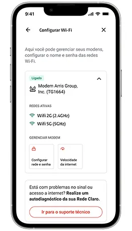 Tela do app Minha Claro para configuração do Wi-Fi.
