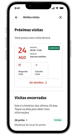 Tela do app Minha Claro para visita técnica.