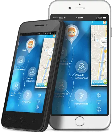 Imagem ilustrativa de dois celular mostrando um exemplo de localização pelo Kids On.