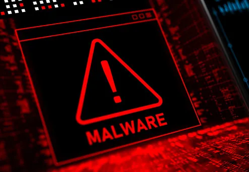 Imagem de um triângulo com um ponto de exclamação e a palavra Malware.
