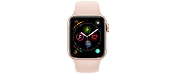 Parte frontal / tela do Apple Watch Series 4. Relógio quadrado, com fundo preto e pulseira rosa.