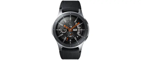 Parte frontal / tela do Samsung Galaxy Watch. Relógio redondo, com fundo preto e pulseira preta.