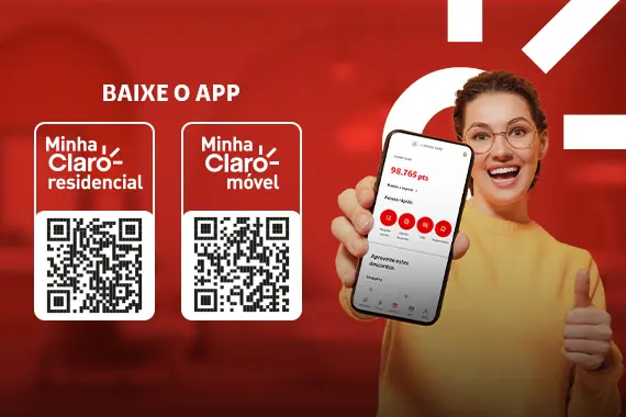 Imagem de uma mulher com celular na mão, ao lado estão os QR Codes para baixar os apps Minha Claro.