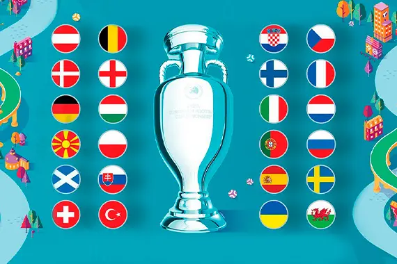Imagem das bandeiras dos países que participam da Eurocopa.