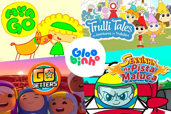 Imagem com personagens dos desenhs Min Go, Go Jetters, Senninha na Pista Maluca e Trulli Tales
