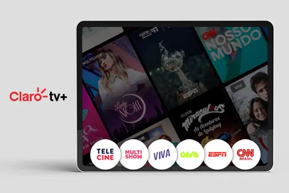 Imagem com diversos logos de canais disponiveis ao vivo na Claro tv+
