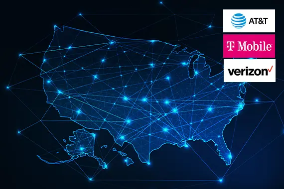 Mapa dos Estados unidos em tons de azul com luzes interligadas passando a sensção de conexão. Logos AT&T, T Mobile e Verizon.