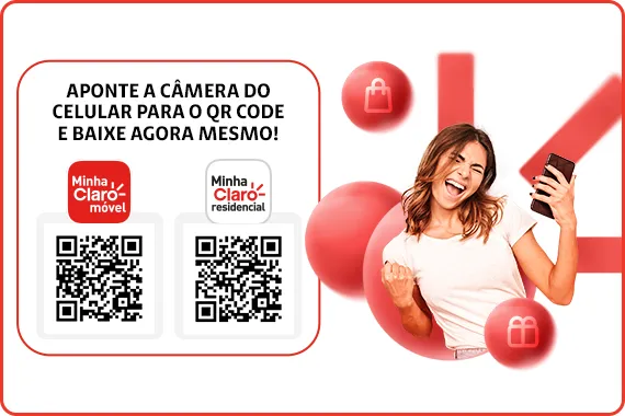 Imagem de uma mulher sorridente com celular na mão e os logos dos apps Minha Claro móvel e Minha Claro residencial.