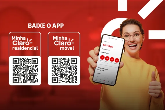 Imagem de uma mulher com celular na mão, ao lado estão os QR Codes para baixar os apps Minha Claro.