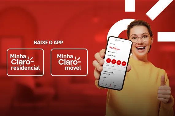 Imagem de uma mulher sorridente com celular na mão e os logos dos apps Minha Claro móvel e Minha Claro residencial.
