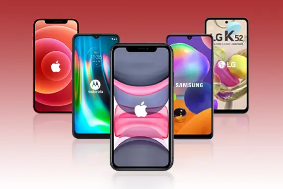 		 Fundo vermelho com quatro imagens de aparelhos, sendo dois Apple, um Samsung, um Motorola e um LG.