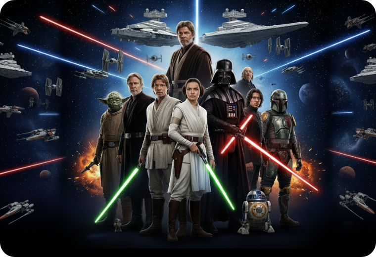 Onde assistir Star Wars e seus personagens marcantes como Mestre Yoda, Obi-Wan Kenobi, Luke Skywalker, Rey, Darth Vader, Kylo Ren e R2-D2.