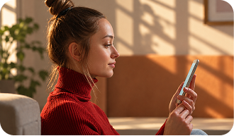 Mulher de blusa vermelha conferindo mensagens no celular
