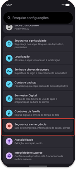 Configurações do Android com a opção Emergência e emergência destacada
