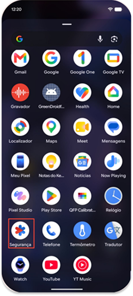 Lista de aplicativos Android com o app Emergência destacado