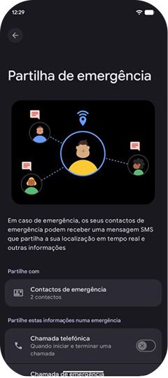 Tela de Compartilhamento de emergência e contatos selecionados