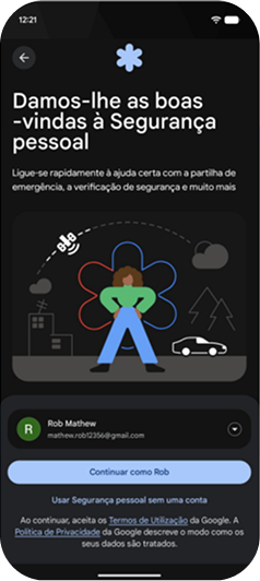 Tela inicial do app Emergência pessoal para entrar com uma conta Google