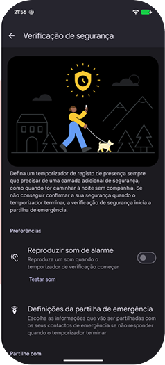 Tela de Verificação de segurança com temporizador e preferências
