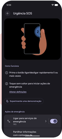 Tela de configurações de Urgência SOS do Android