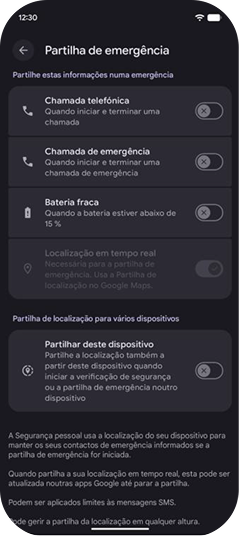 Configurações de informações compartilhadas em uma emergência