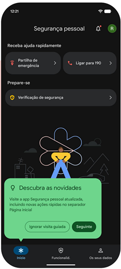 Tela do app Emergência pessoal com a opção de tour guiado