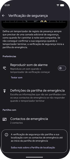 Configurações da Verificação de segurança com preferência para reproduzir som de alarme