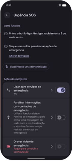Opções de ações de emergência, incluindo ligação e compartilhamento