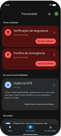 Área de funcionalidades do app Emergência pessoal