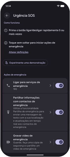 Opções para compartilhar informações e gravar vídeo de emergência