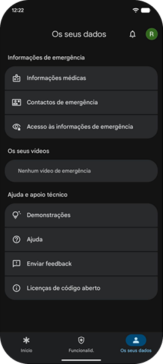 Área Os seus dados do app Emergência pessoal