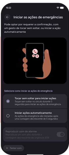 Configuração para iniciar ações de emergência automaticamente ou após confirmação