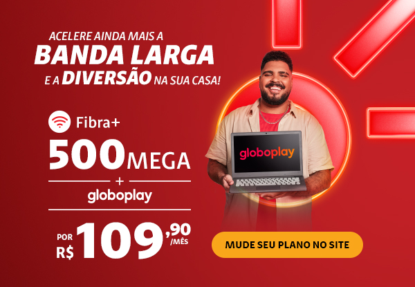Acele ainda mais a Banda Larga e a diversão na sua casa! Fibra+ 500 Mega + Globoplay por R$ 109,90 por mês. Mude seu plano no site. Imagem do Paulo Viana sorrindo com um notebook na mão