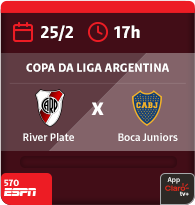25/2 às 17h. River Plate x Boca Juniors. Copa da Liga Argentina. 570 Espn. App Claro tv+