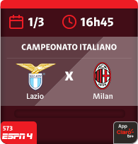 1/3 às 16h45. Lazio x Milan. Campeonato Italiano. 573 Espn 4. App Claro tv+.