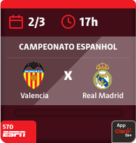 2/3 às 17h. Valencia x Real Madrid. Campeonato Espanhol. 570 Espn. App Claro tv+