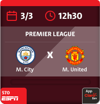 3/3 às 12h30. M. City x M. United. Premiere League. 570 Espn. App Claro tv+